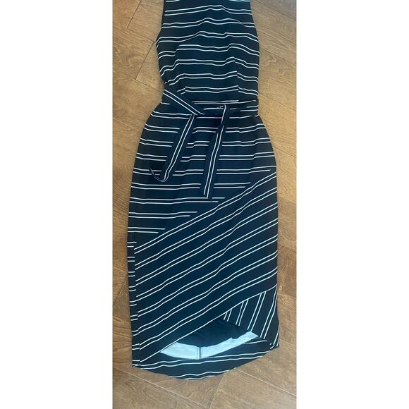 Hutch Striped Crew Neck Belted Midi Dress Cross Bottom - Black/White S - Picture 3 of 6